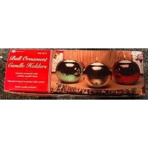 Vintage Christmas Ball Ornament Candle Holders Set 3 Ceramic Metallic Red Green